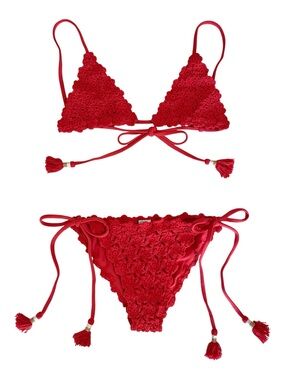 NWT She Made Me Crochet Floral Triangle Bikini Tassel Tie Two Piece Swimsuit Red